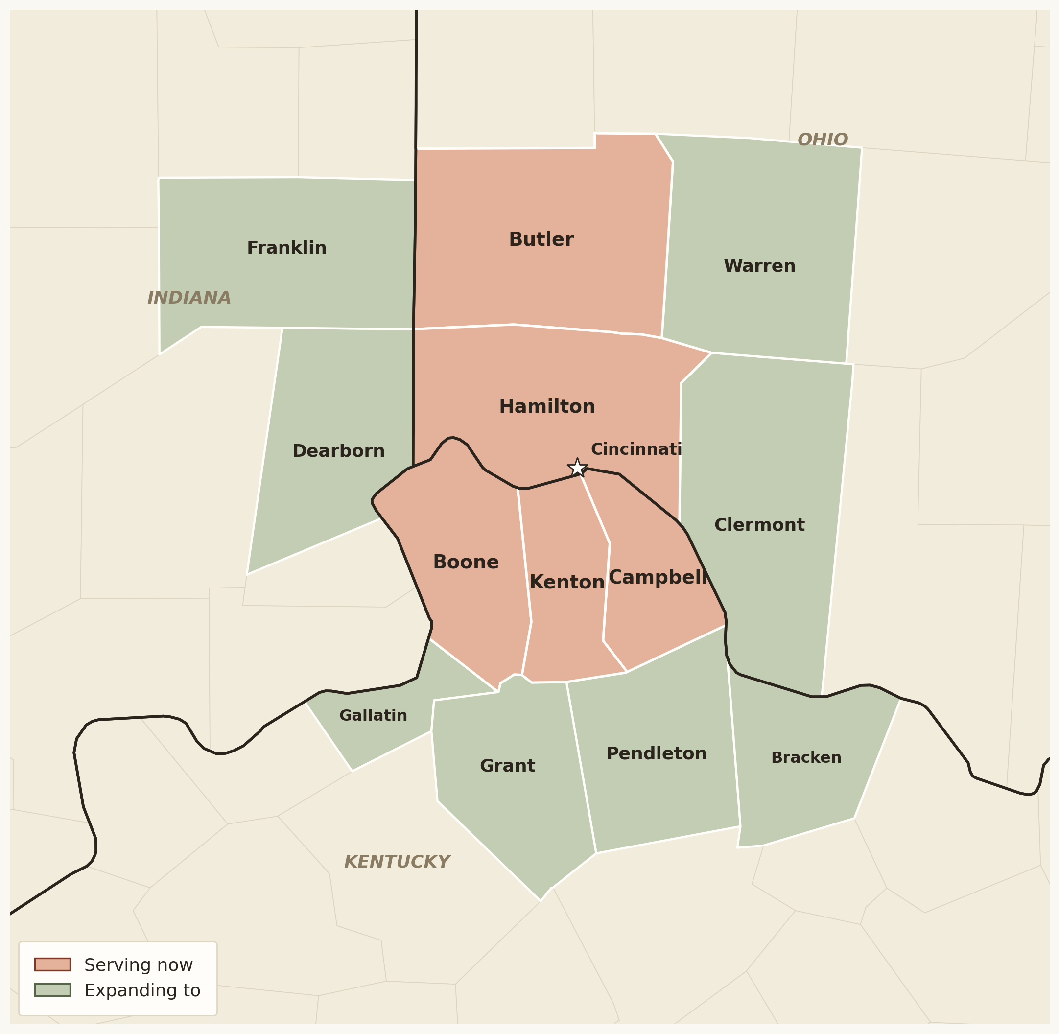 Map of our service area across Greater Cincinnati and Northern Kentucky, showing current and expanding counties